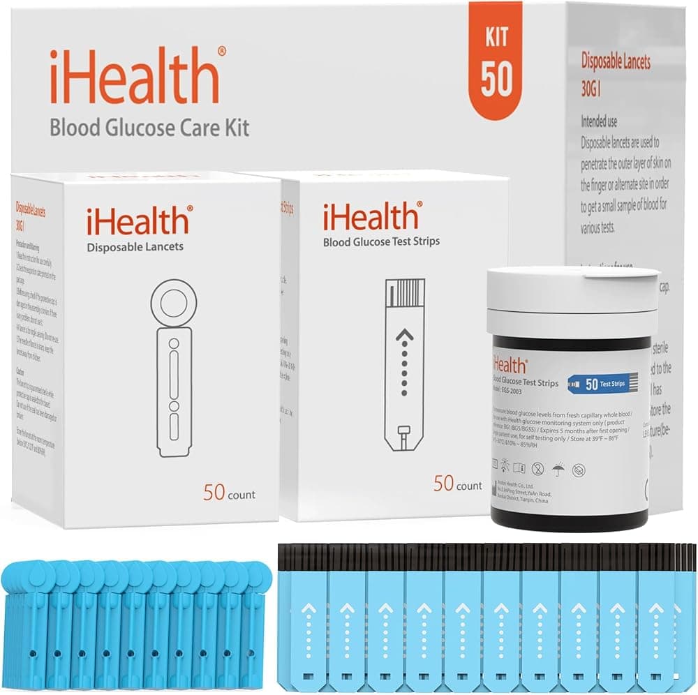 Glucose Test Strips & Lancets, 50 Each, No Coding | Compatible with iHealth Meters Only, 0.7 µL Sample, 5-Second Results, Blood Sugar Test Strips