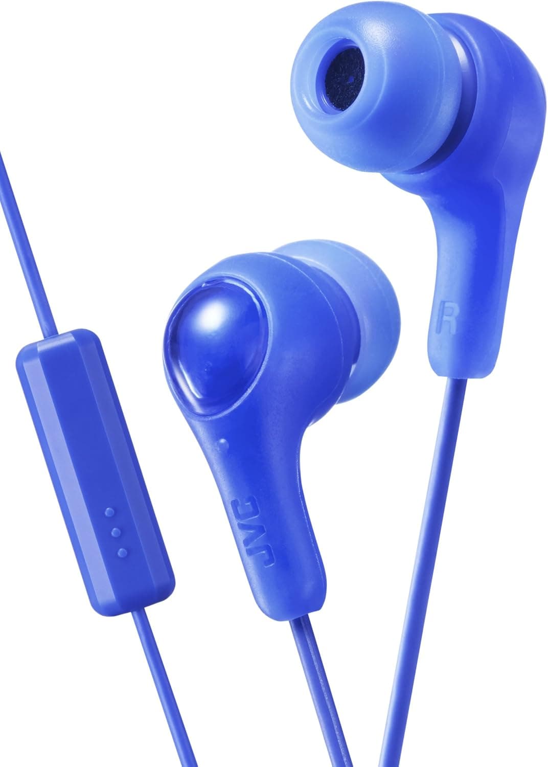 Auriculares BLUE GUMY In con puntas de oreja y MICRÓFONO que se mantienen en forma. Cable cableado de color de 3.3 pies con conector para auriculares. Auriculares pequeños, medianos y grandes incluidos. JVC GUMY HAFX7MA