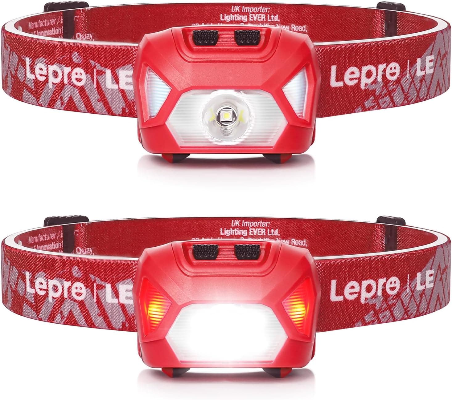 Faro delantero LED impermeable con batería Lepro, paquete de 2 - Rojo | Súper brillante, Foco y reflector, Luz roja, Diadema ajustable, Camping, Senderismo, Cortes de energía, Pilas AAA no incluidas