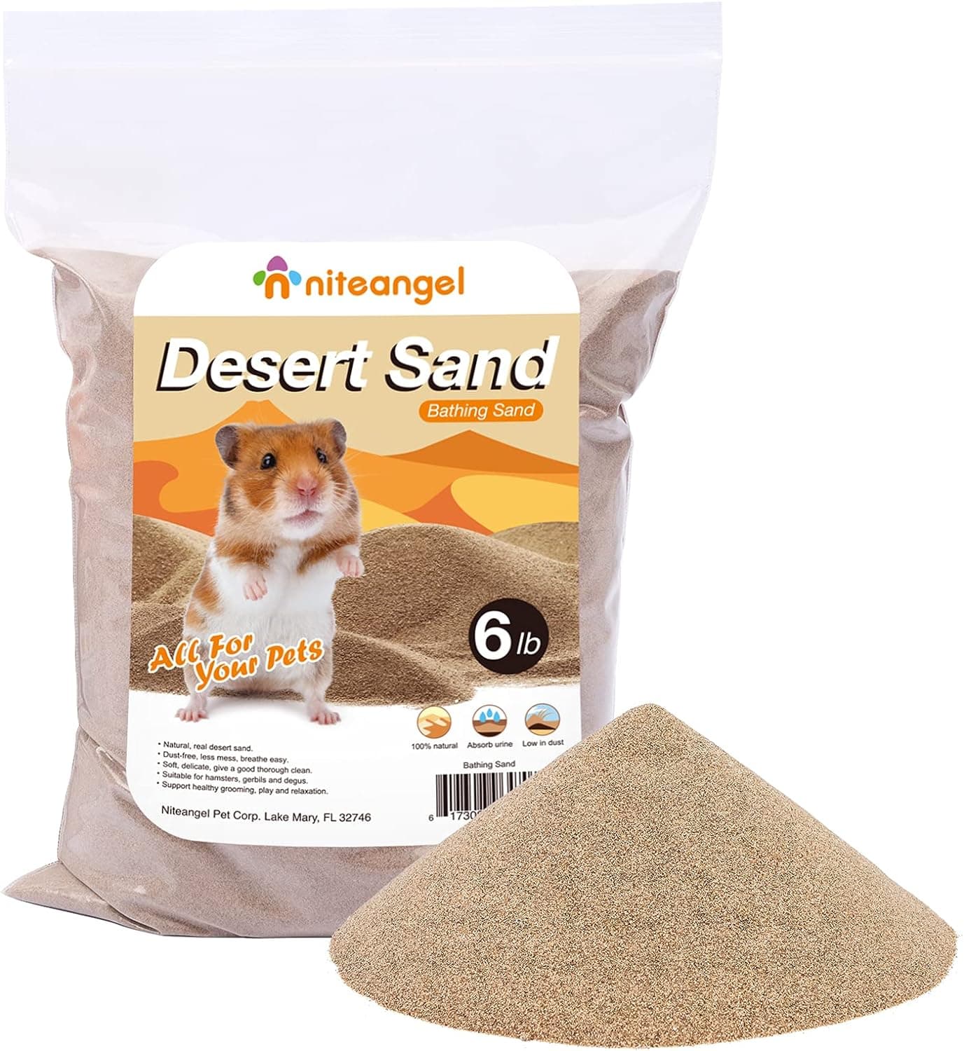 Niteangel Hamster Desert Bath Sand: 6 lb/96 oz baño sin polvo y fácil de aglutinar | Ayuda a controlar los olores y eliminar el exceso de grasa: arena para orinal para hámster, chinchillas, jerbos, ratones, degu u otras mascotas pequeñas