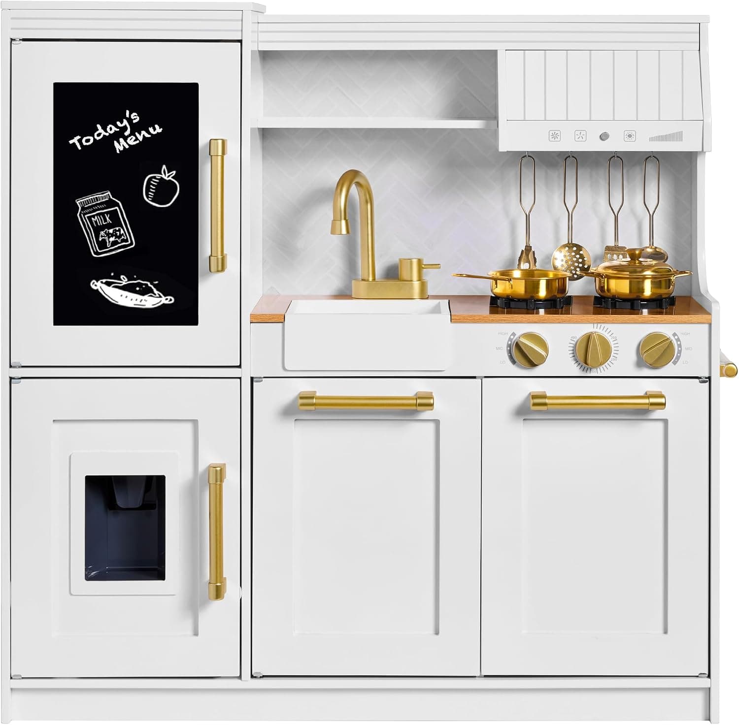 Productos de la mejor elección Juego de juguete de cocina de madera para niños con diseño realista, teléfono, utensilios, horno, microondas, fregadero - Marfil