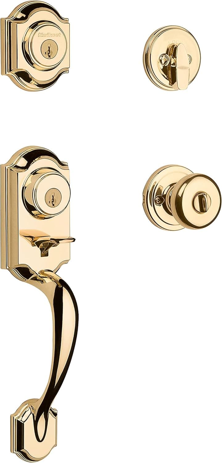 Kwikset Montara Juego de manija y cerrojo para puerta delantera, manija de entrada exterior con perilla de puerta interior, latón pulido, seguridad de cerrojo SmartKey Rekey resistente a púas