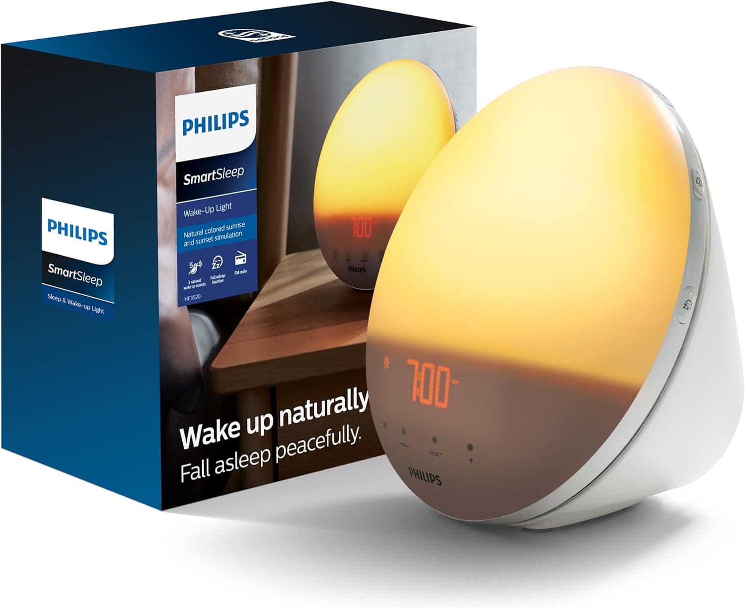 Philips SmartSleep Despertador con luz, simulación de amanecer y atardecer de colores, 5 sonidos naturales, radio FM y lámpara de lectura, repetición con toque, HF3520/60