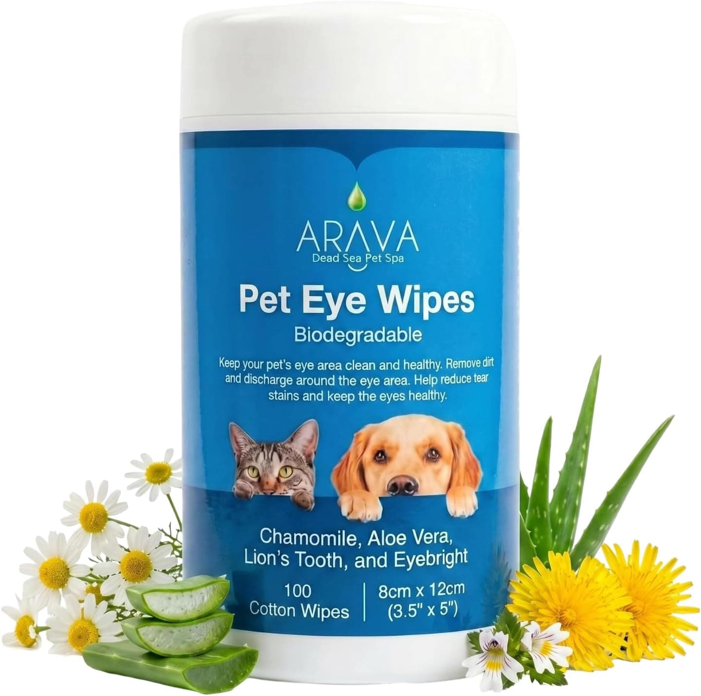 Arava Toallitas para ojos de perro y limpiador de ojos de gato – 100 toallitas naturales para quitar manchas de lágrimas de perro – Toallitas suaves para mascotas para cara, secreción de ojos, moco y eliminación de corteza, seguro para cachorros y gatitos