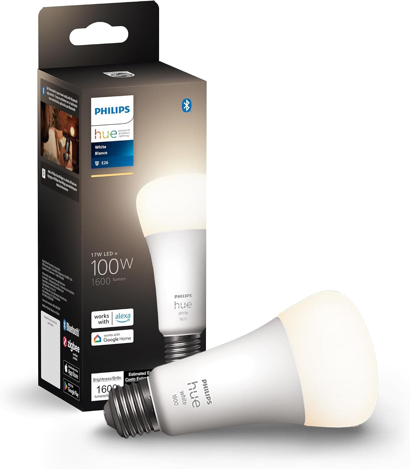Bombilla LED Philips Hue Smart 100W A21 - Luz blanca cálida suave - 1 paquete - 160LM - E26 - Interior - Control con aplicación Hue - Funciona con Alexa, Google Assistant y Apple Homekit