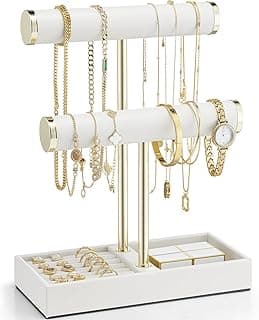 VLANDO Soporte para pulsera de 2 niveles con bandeja - Organizador de joyería de cuero para mujer - Expositor de collares para collares, relojes, anillos, pendientes, brazaletes, coleteros - Blanco