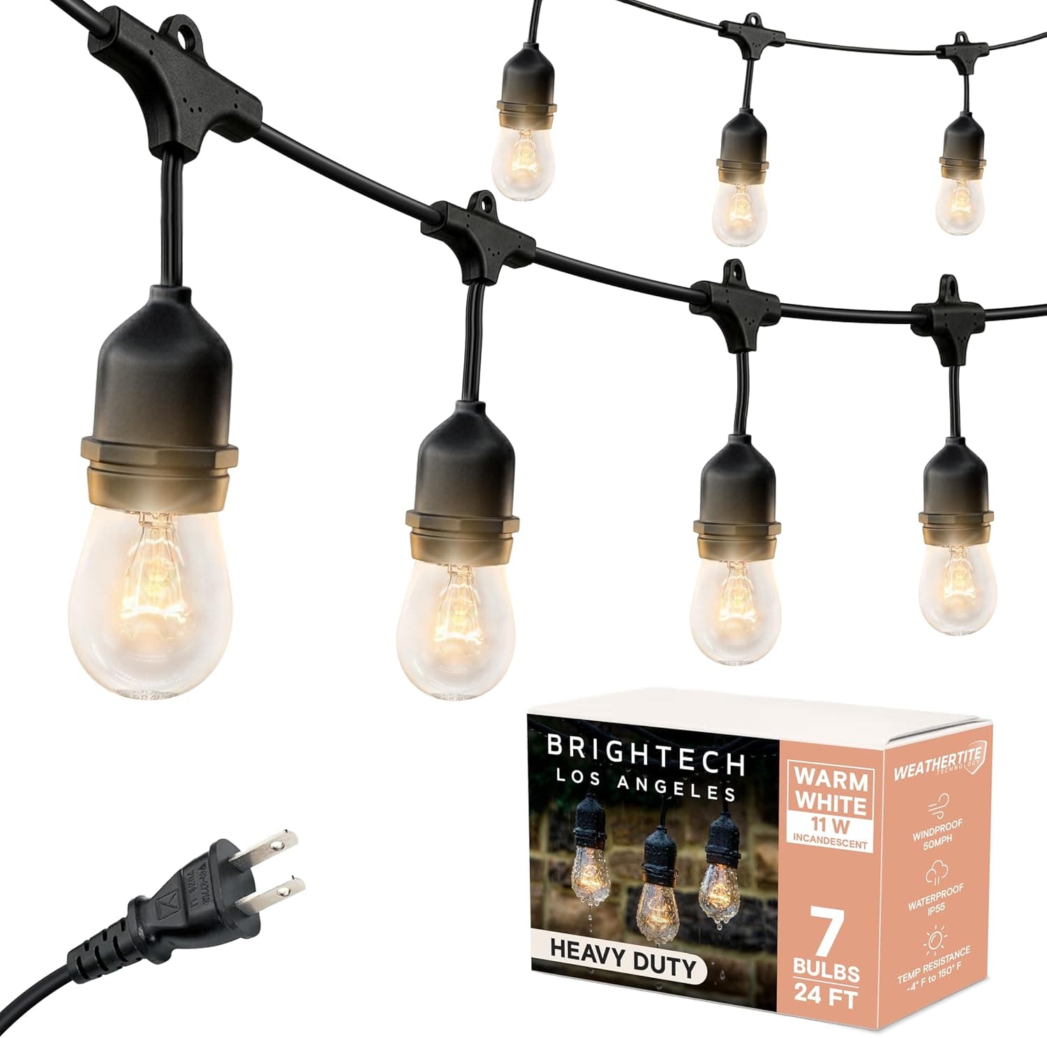 Brightech Ambience Pro Cadena de luces incandescentes para exteriores – Luces de patio impermeables de grado comercial con bombillas Edison regulables de 24 pies, cadena de luces de porche para patio, patio trasero, Navidad – 7 bombillas 11 W