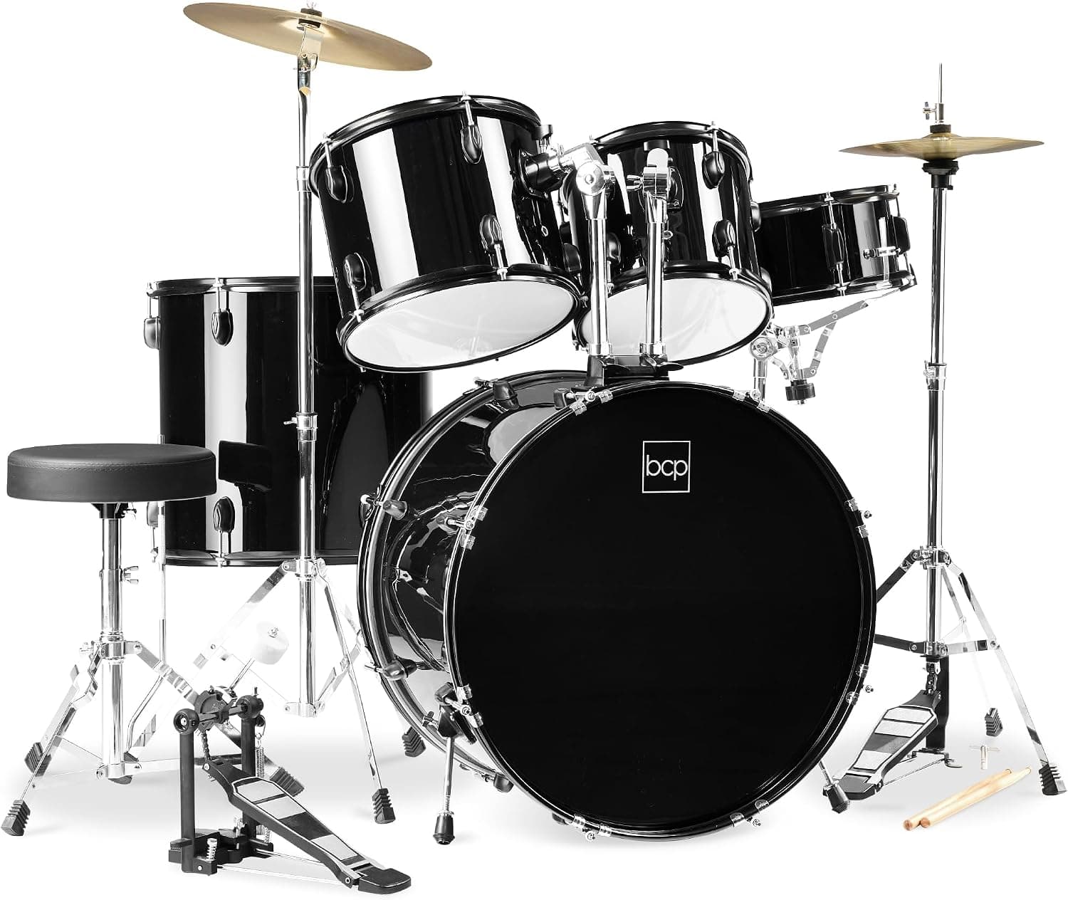 Best Choice Products Juego completo de batería para adultos de tamaño completo de 5 piezas con soportes para platillos, taburete, pedal de batería, baquetas y tom de piso, color negro