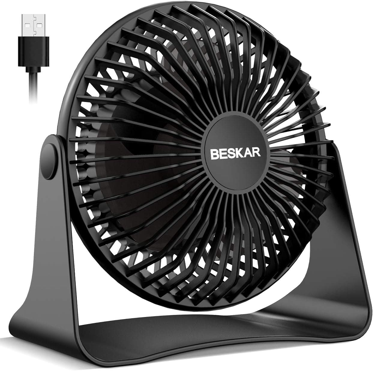 BESKAR Ventilador de escritorio pequeño USB, ventiladores de mesa portátiles con flujo de aire fuerte de 3 velocidades | Funcionamiento silencioso y rotación de 360°, ventilador de refrigeración personal para el hogar, oficina, dormitorio, cable de 3,9 pies