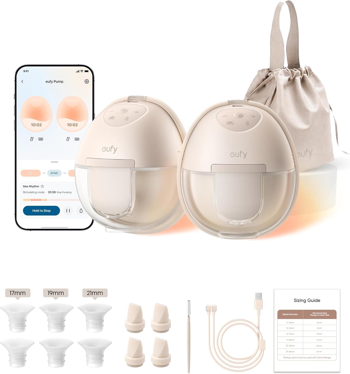 Extractor de leche portátil con calefacción eufy Security S1, HeatFlow, manos libres | HeatFlow, aplicación DIY Rhythm, potente 300 mmHg, 30 % más de salida, 46 dB silencioso, sin BPA