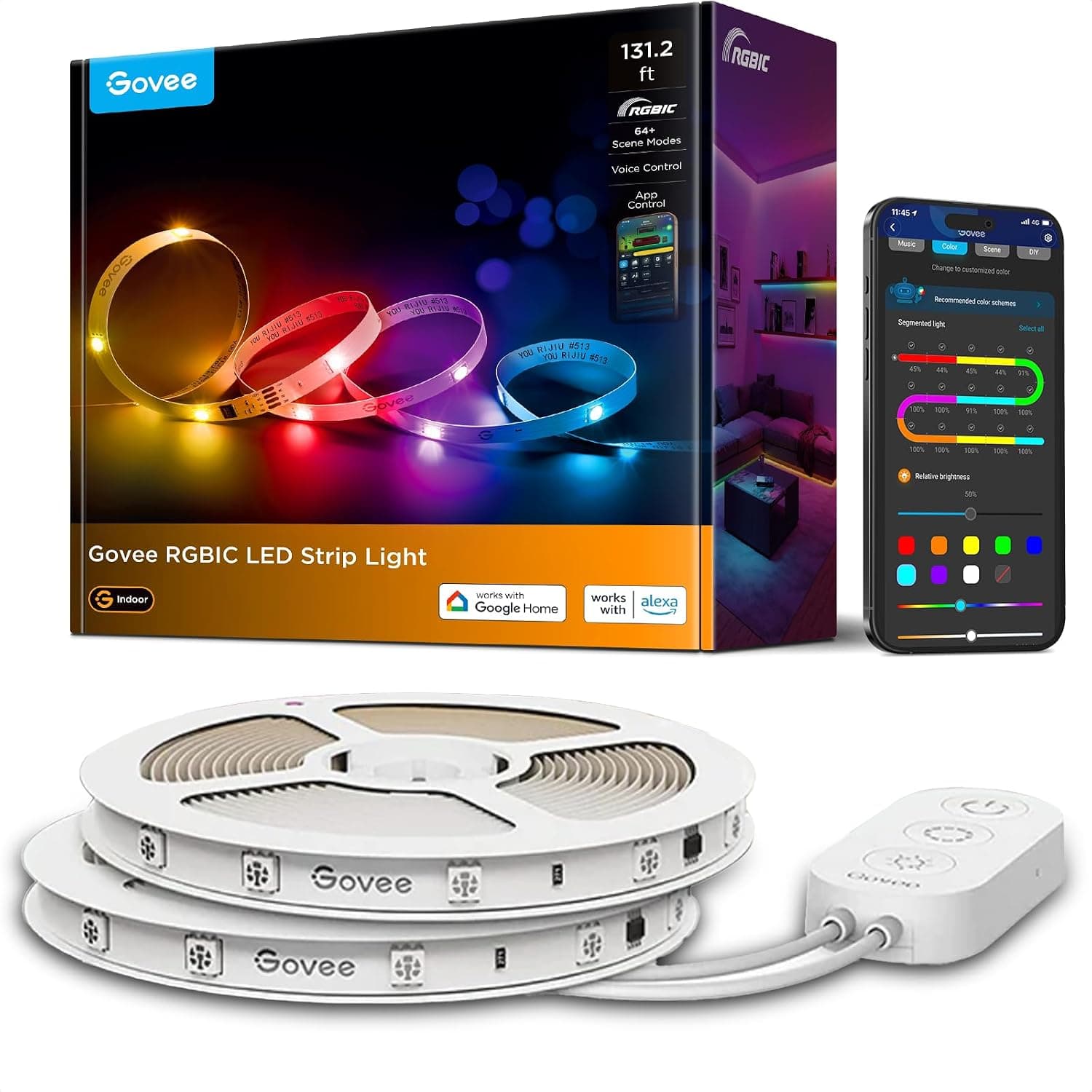 Govee Tira de luces LED RGBIC de 131,2 pies, funciona con Alexa y el Asistente de Google | DIY múltiples colores en una línea, luces que cambian de color para decoración del hogar, tira de luces Bluetooth con control de aplicación, 2 x 65.6 pies