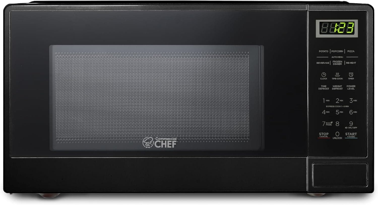 Chef Comercial 1.1 Cu. Pie. Horno microondas de encimera, CHCM11100B, negro | Controles táctiles con pantalla LED digital, microondas de 1100 W, plato giratorio de 12,4", puerta con botón pulsador, 10 niveles de potencia