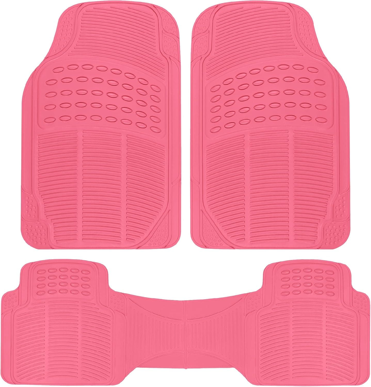 BDK ProLiner Alfombrillas de coche rosas para coches, camiones, SUV, 3 piezas para todo tipo de clima | Revestimientos de goma resistentes con ajuste universal recortable, accesorios de coche duraderos e impermeables, alfombrillas para el suelo para mujeres y hombres