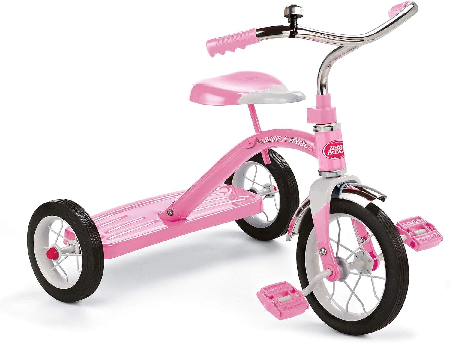 Triciclo Radio Flyer Classic rosa, para edades de 2 a 4 años, rueda delantera de 10", campana | marco de acero, asiento ajustable, neumáticos de goma, detalles cromados, escalón trasero, radio de giro controlado, triciclo para niños pequeños