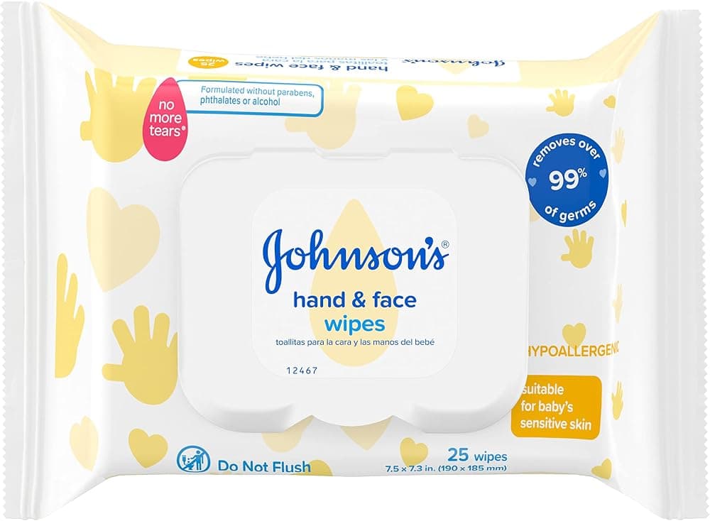 Toallitas limpiadoras desinfectantes para bebés Johnson's Hand & Face para viajes y viajes, fórmula No más lágrimas, sin parabenos ni alcohol, 25 unidades (paquete de 4)