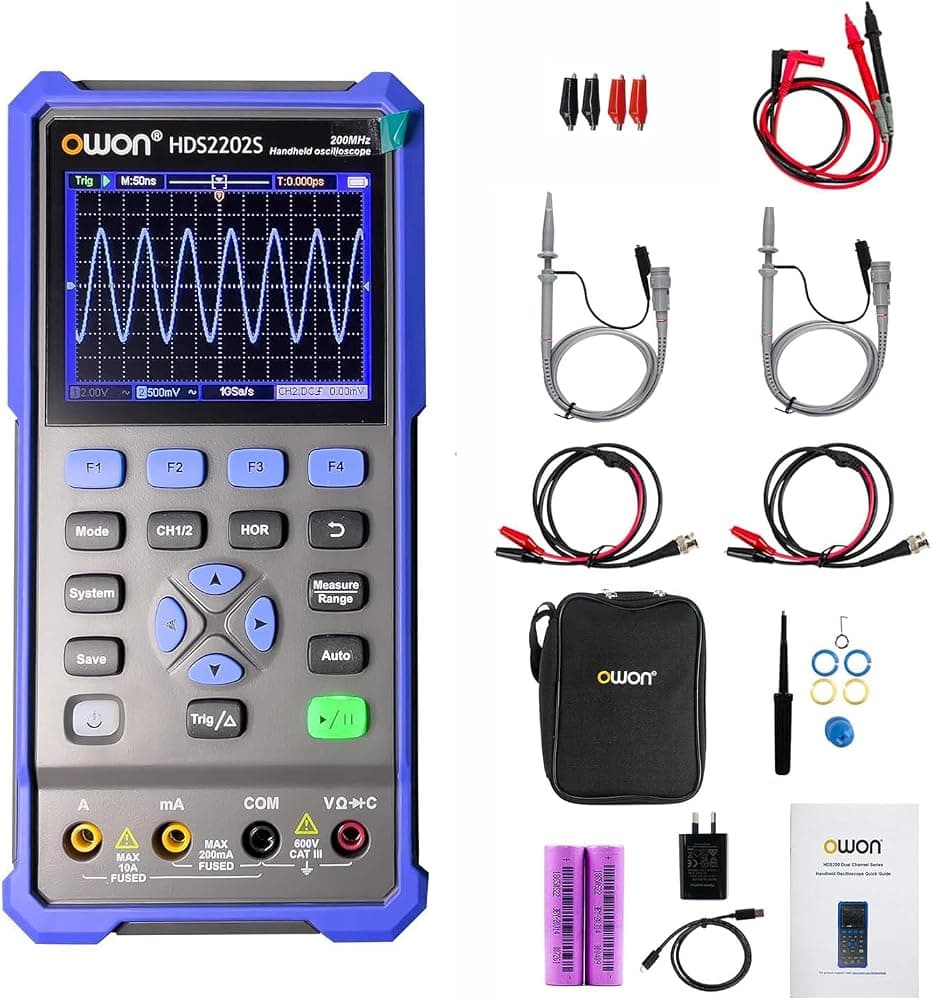 Multímetro de osciloscopio portátil, 2 canales, ancho de banda de 200 MHz, tasa de muestreo de 1 GS/s, 20000 recuentos, osciloscopio automotriz digital portátil 3 en 1, voltaje, corriente, condensador HDS2202S