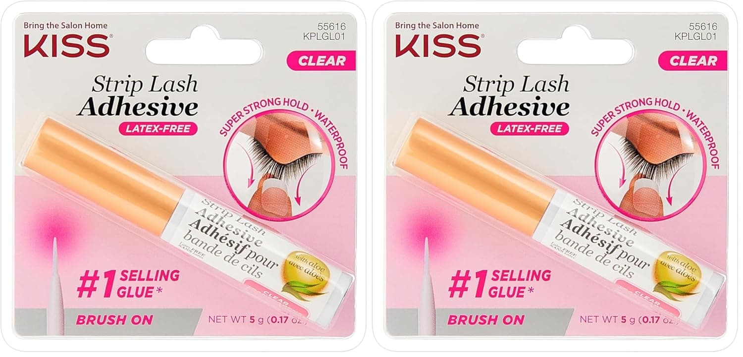 Adhesivo para pestañas KISS, pegamento para pestañas, adhesivo para pestañas en tira de 24 horas, transparente, incluye adhesivo para pestañas, desgaste de larga duración, se puede usar con pestañas en tira y grupos de pestañas (paquete de 2)