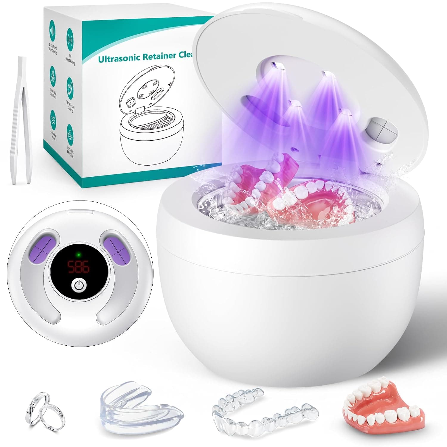Máquina limpiadora de retenedores ultrasónica mejorada, limpiador ultrasónico de dentaduras postizas de 45 kHz para protectores nocturnos, aparatos ortopédicos, alineadores, cepillos de dientes, joyas y más, capacidad de 200 ml, color blanco