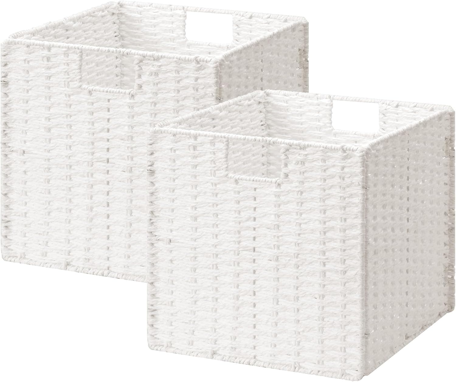 StorageWorks 13 inch Wicker Storage Baskets, White Wicker Baskets, Foldable | 2-Pack,Handwoven Baskets for Organizing,Paper Rope Square Storage Cubes,Organizer Baskets,Wicker Storage Cubes,Square Baskets