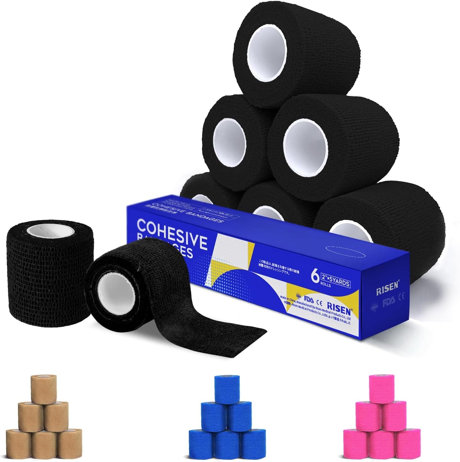 Vendaje cohesivo RISEN de 2 pulgadas x 5 yardas, 6 rollos, cinta médica autoadhesiva, gasa de primeros auxilios flexible y transpirable, ideal para estiramiento atlético
