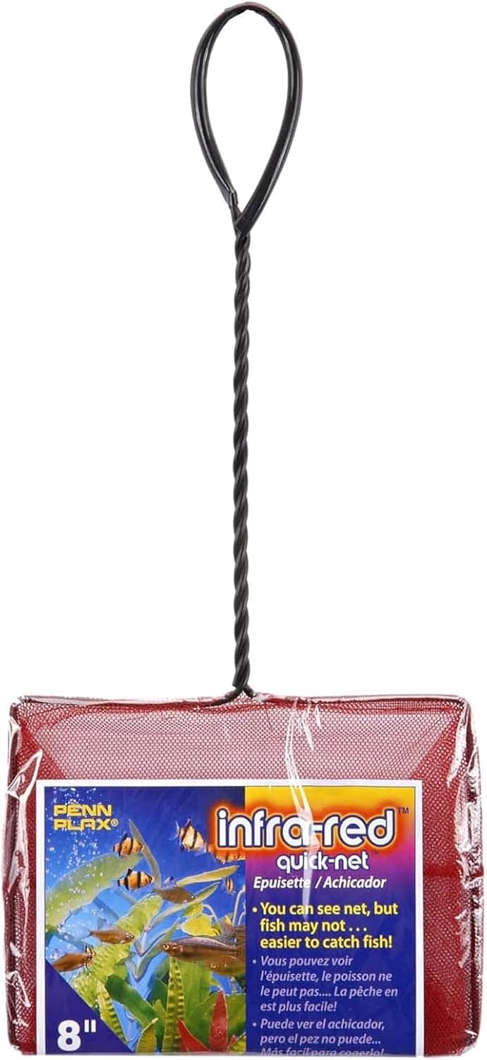 Penn-Plax Red Infrarroja Quick-Net para peces de acuario - Malla fina de 8 x 6 pulgadas, mango trenzado cubierto de vinilo de 10 pulgadas - Pequeña herramienta de limpieza de acuarios para un manejo suave de los peces - Tanques de agua dulce y salada - Rojo