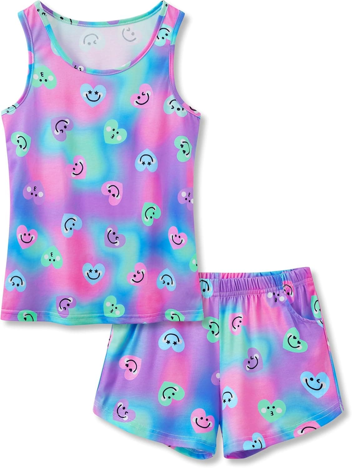 Camiseta sin mangas y pantalones cortos de pijama de 2 piezas con teñido anudado para niñas Tebbis Talla 6-18 | Tela elástica suave, cuello redondo sin mangas, pantalones cortos de cintura elástica con bolsillos laterales, ropa de dormir de verano para niñas, preadolescentes y adolescentes