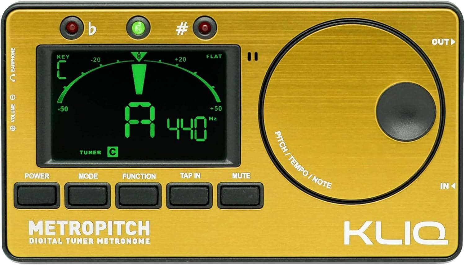 Metrónomo y afinador digital KLIQ MetroPitch para piano, guitarra y bajo | Metrónomo, afinador cromático y generador de tonos 3 en 1 para violín, ukelele y todos los instrumentos -Oro