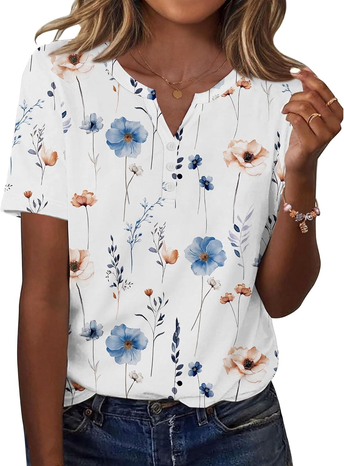 Zeagoo Camisetas de verano para mujer, blusa informal de manga corta con cuello en V, blusa elegante | Ropa de moda, tops bohemios florales, camiseta básica con cuello en V, ropa de vacaciones, trajes de trabajo