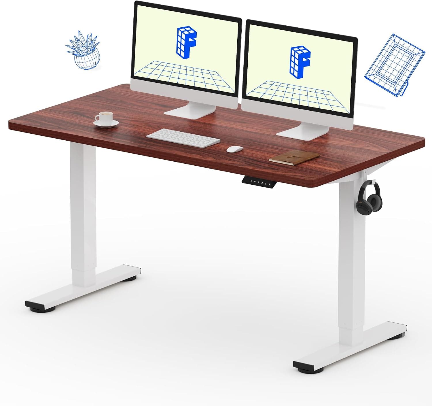 FLEXISPOT EN1 Escritorio de pie de una sola pieza de 55 x 28 pulgadas, caoba | Escritorio sin costuras de 1" de grosor, capacidad de 176 libras, uso en oficina en casa, 4 ajustes preestablecidos de memoria, configuración de monitor dual, protección anticolisión