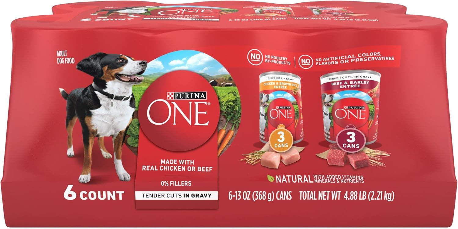Purina ONE Paquete variado de comida húmeda para perros, cortes tiernos, (2 paquetes de 6) latas de 13 oz | Cortes tiernos en salsa, pollo y arroz y platos principales de carne y cebada, alimento natural para perros con vitaminas, minerales y nutrientes añadidos