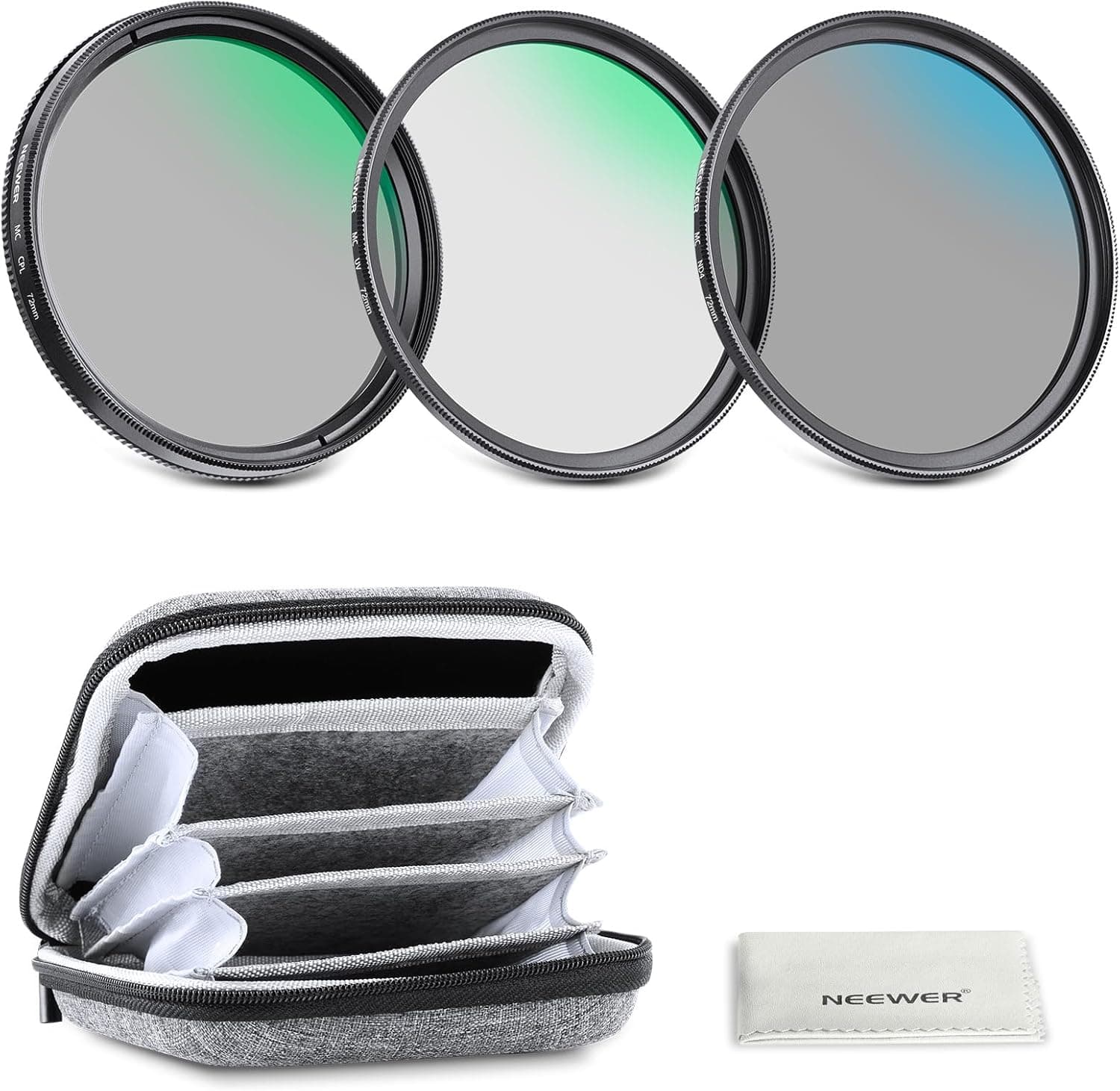 NEEWER Kit de Filtros de Lente UV/CPL/ND de 72 mm con Estuche Rígido de Almacenamiento, Vidrio Óptico Multicapa y Marco de Aleación de Aluminio, UV + Polarizador Circular (CPL) + Filtro de Densidad Neutra (ND4) para Lente de Cámara de 72 mm