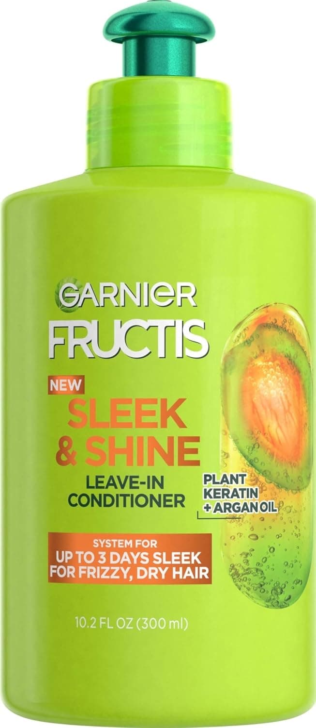 Garnier Fructis Sleek & Shine Crema acondicionadora sin enjuague, tratamiento antiencrespamiento para el cabello con queratina vegetal + aceite de argán, controla el encrespamiento y proporciona suavidad para cabello encrespado y seco, 10.2 onzas líquidas