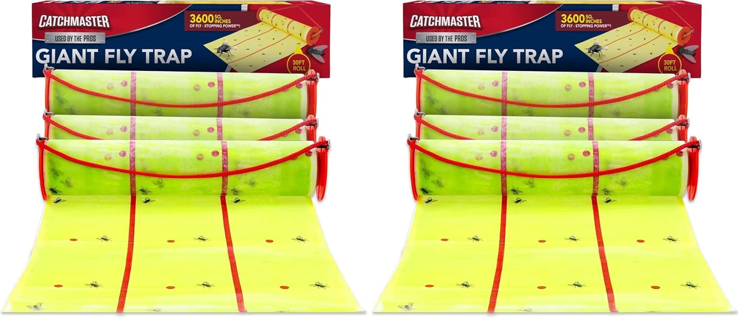 Catchmaster Trampa gigante de pegamento para moscas, paquete de 6, 30 pies cada una, trampas adhesivas para moscas al aire libre, atrapador de insectos pegajoso, rollo de papel para insectos voladores a granel, control de plagas para garaje, granero, invernadero y sala de basura