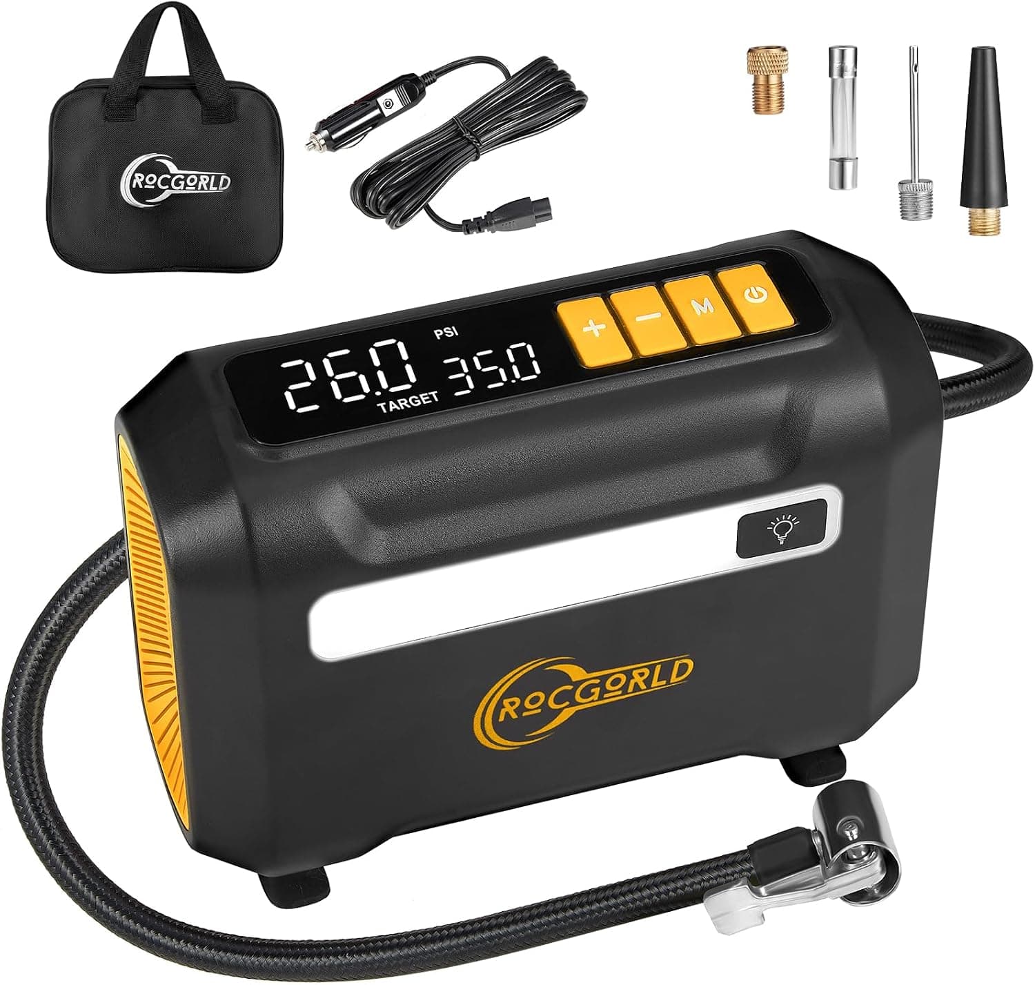 ROCGORLD R8 Compresor de aire portátil para inflar neumáticos, compresor de aire portátil DC 12 V con pantalla digital dual grande, bomba de aire portátil de inflado 3 veces más rápido para neumáticos de coche, bicicleta, motor - Accesorios para coche