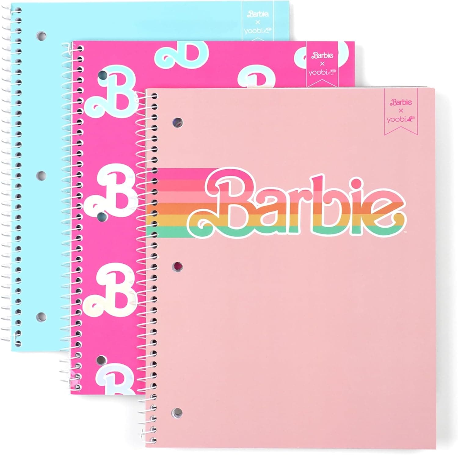 Cuadernos de espiral con rayas universitarias Yoobi x Barbie, paquete de 3, 100 hojas | Hojas perforadas con 3 orificios, páginas perforadas, 100 a 150 hojas, paquete múltiple (paquete de 3 o 6), impresiones y diseños divertidos