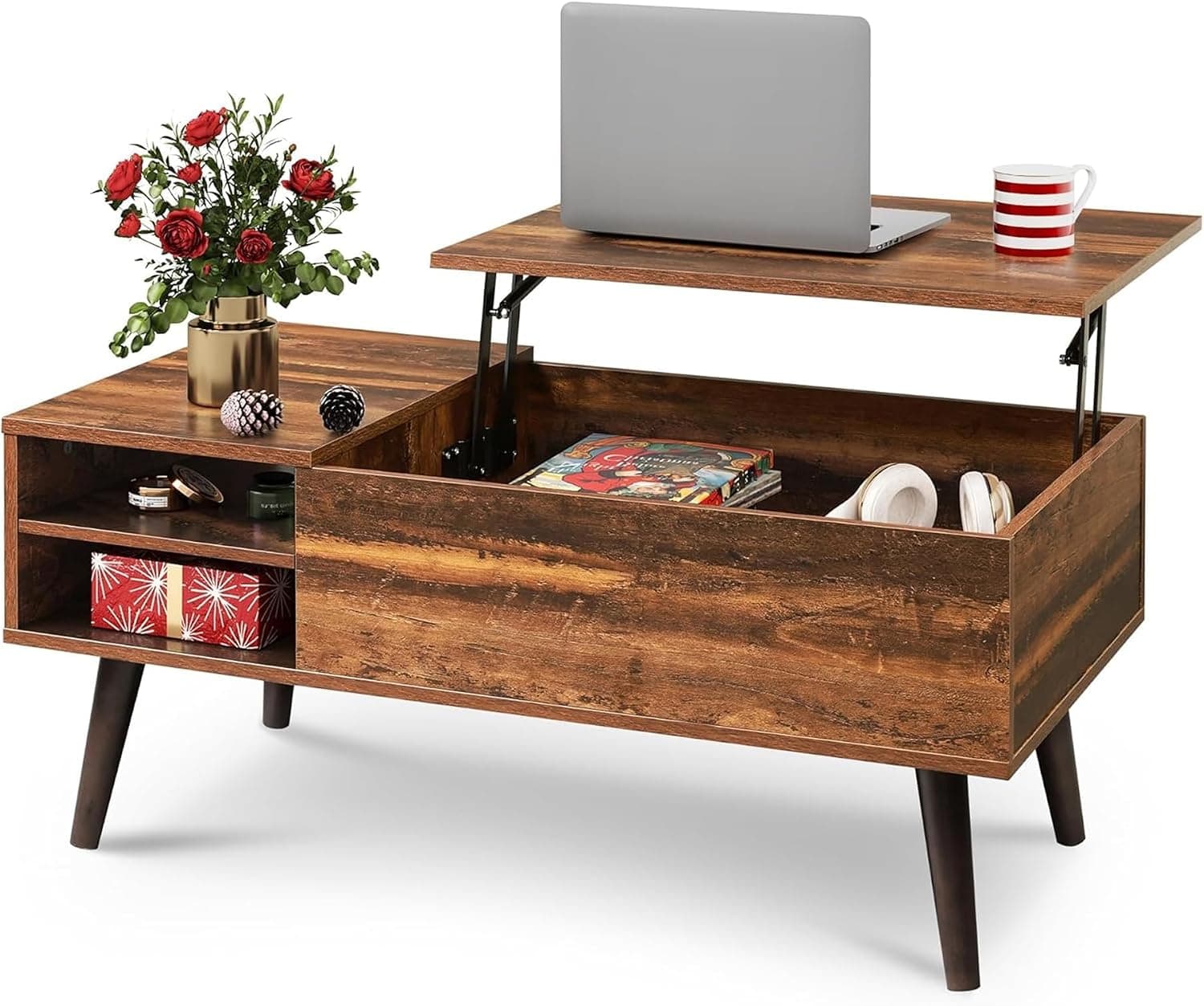 WLIVE Mesa de centro elevable con almacenamiento oculto, estante ajustable, marrón | Mesa de centro de madera moderna de mediados de siglo, para comedor/salón/oficina; 39,4" ancho x 19,7" profundidad x 16,9" alto