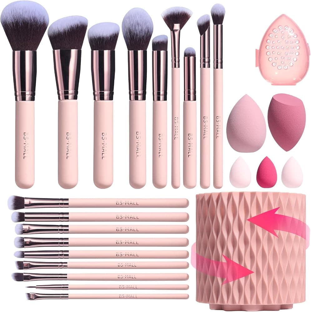 Pinceles de maquillaje BS-MALL Correctores en polvo sintéticos de primera calidad Sombras de ojos Juego de 18 pinceles con 5 esponjas y estuche de esponja (A-Pink)