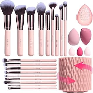 Pinceles de maquillaje BS-MALL Correctores en polvo sintéticos de primera calidad Sombras de ojos Juego de 18 pinceles con 5 esponjas y estuche de esponja (A-Pink)