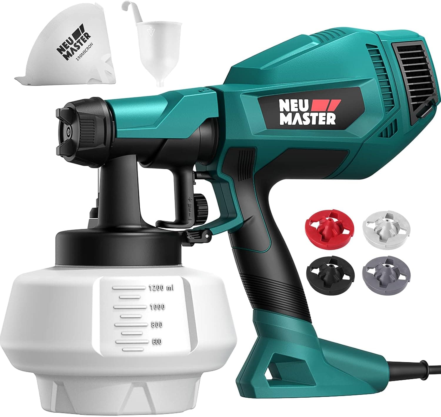 NEU MASTER Pulverizador de pintura, pistola de pintura en aerosol eléctrica, contenedor de 1200 ml, 4 boquillas, 3 patrones, pistola pulverizadora de pintura fácil de limpiar para pintura de casas, muebles, interior y exterior del hogar, cercas, gabinetes