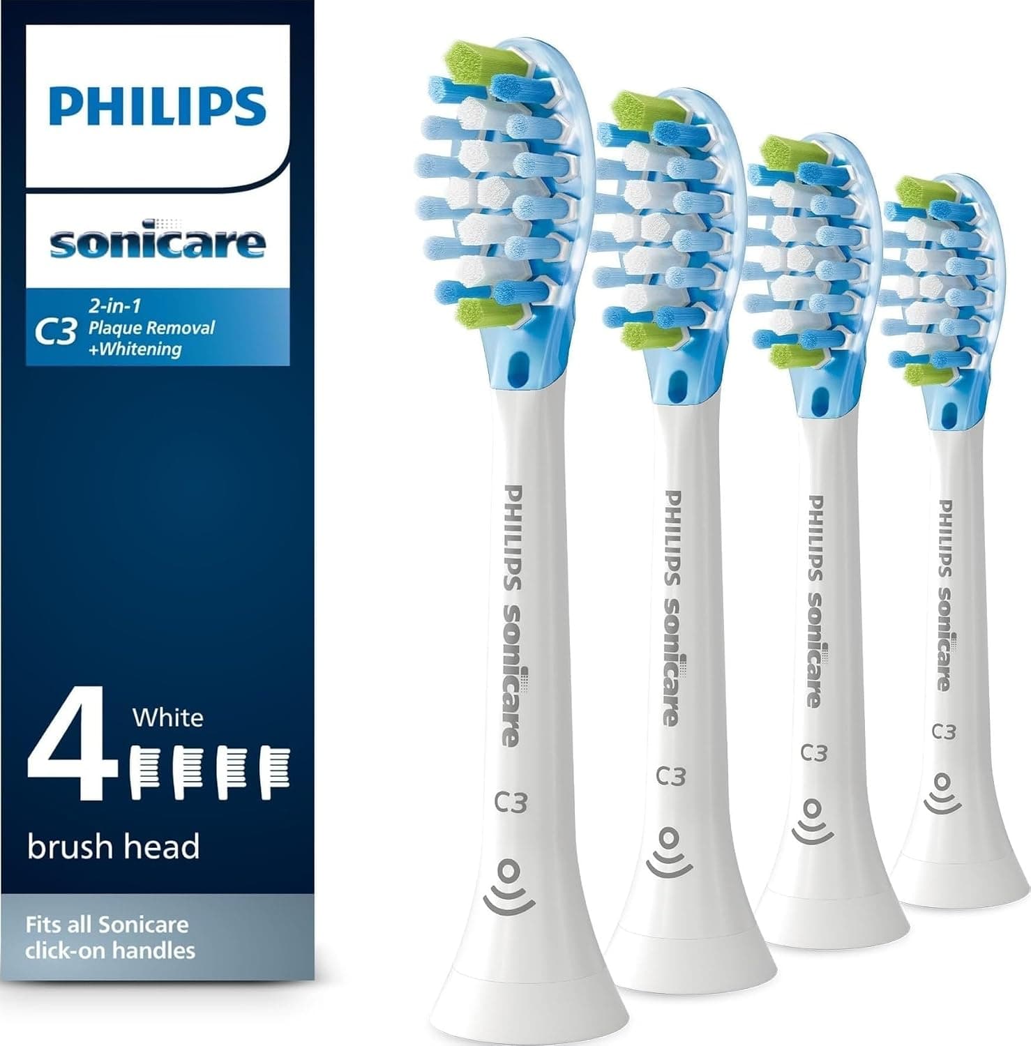 Philips Sonicare C3 Two-in-One Brush Heads, 4-Pack, 1 Year Supply, White | 1000% More Plaque Removal¹, 100% More Stain Removal², BrushSync Reminder, Up To 62,000 Bristle Movements Per Min, HX9044/65