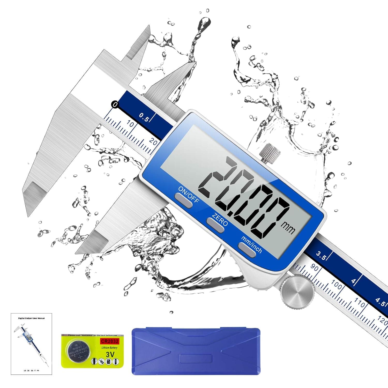 Calibrador digital Qfun, herramienta de medición de calibre de 0-6 pulgadas, precisión extrema IP54, calibrador Vernier electrónico resistente al agua, micrómetro digital de acero inoxidable con pantalla LCD extra grande | Micrómetro digital impermeable IP54, pantalla LCD grande y apagado automático, calibrador Vernier electrónico para carpintería, carpinteros y bricolaje