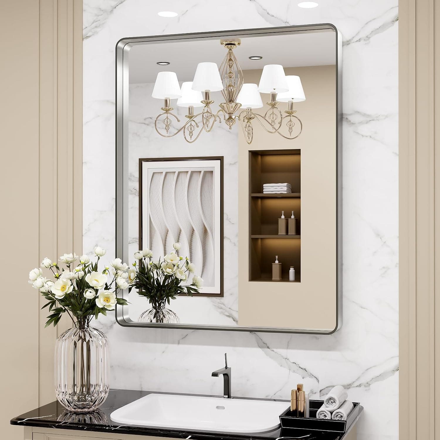 LOAAO Espejo de baño de níquel cepillado de 22.0 x 30.0 in | Rectángulo redondeado, marco de metal plateado, antioxidante, se cuelga horizontal o verticalmente