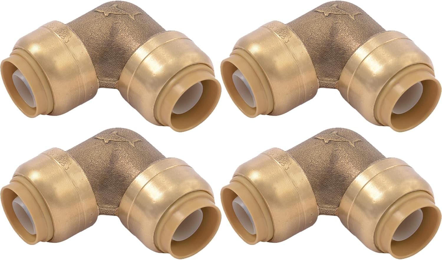 SharkBite Codo de 90 grados de 1/2 pulgada, paquete de 4, accesorio de plomería de latón a presión, tubería PEX, cobre, CPVC, PE-RT, HDPE, U248LFA4