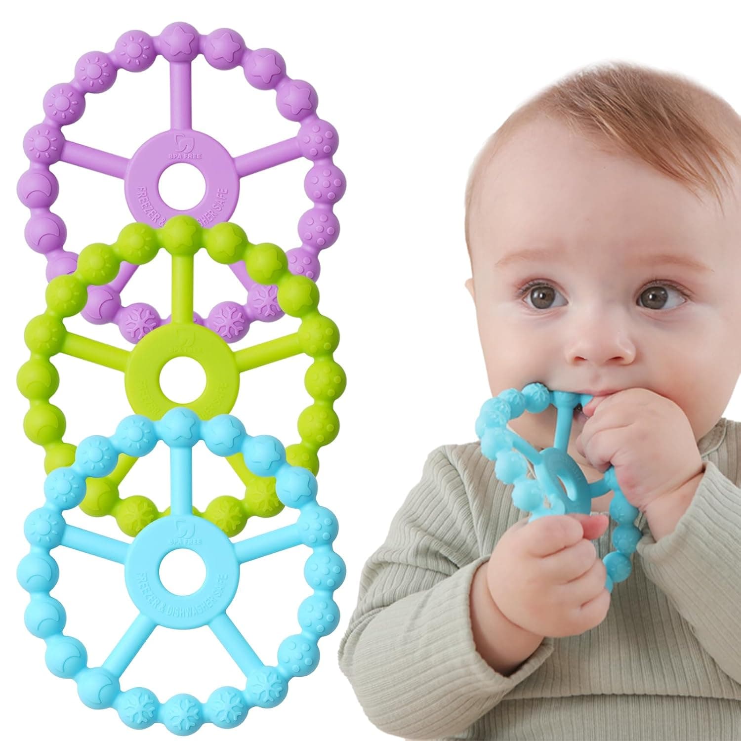 Paquete de 3 mordedores de anillo para bebés, juguetes para bebés de 0 a 6 meses, mordedores de silicona para bebés de 0 a 6 meses, mordedores para bebés de 6 a 12 meses de 12 a 24 meses, juguete fácil de agarrar, alivio de la dentición, morado claro, verde y azul