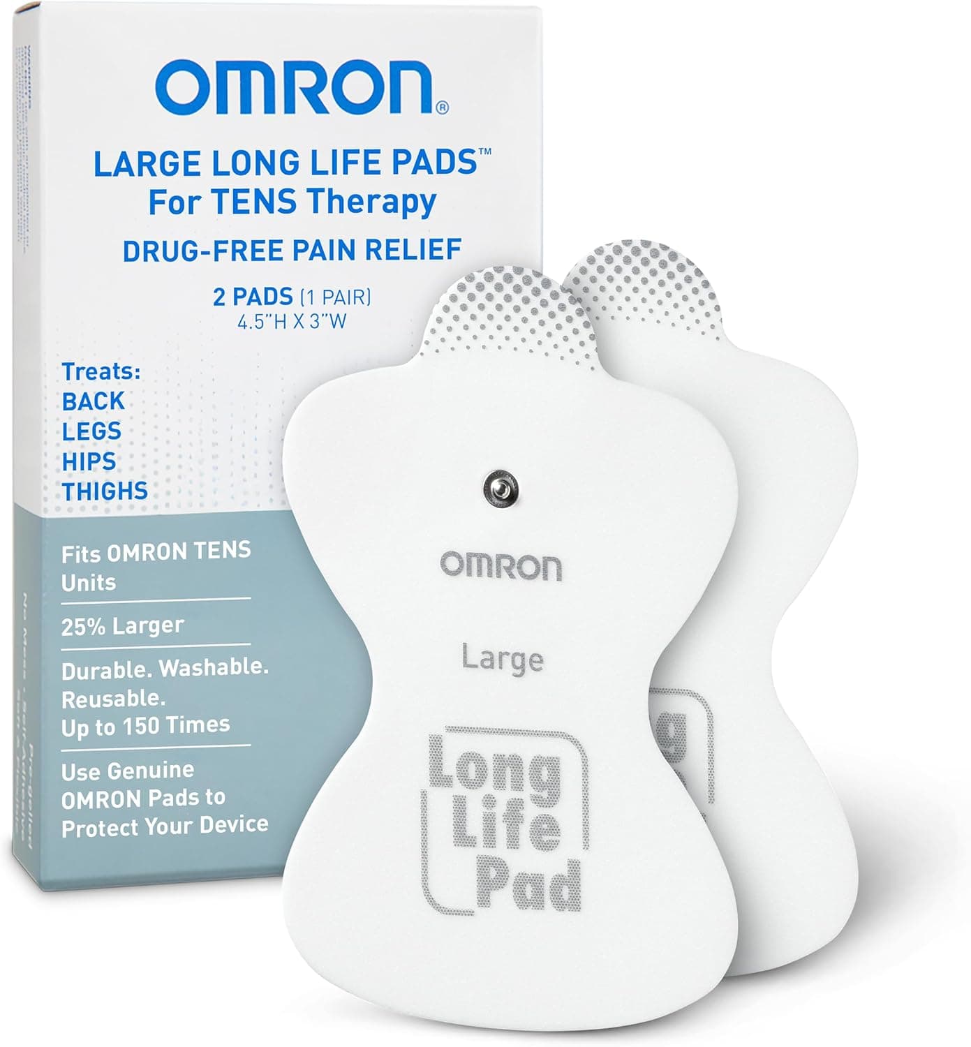OMRON Long Life Pads for TENS Unit Muscle Stimulator - Large | Drug-Free Pain Relief - Includes 2 Reusable TENS Unit Pads - Durable, Reusable & Washable