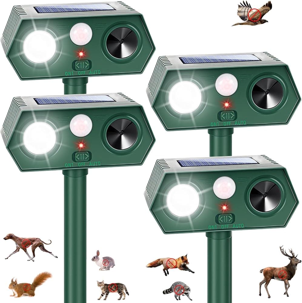 2026 Sonic Fortress Pro Dispositivos repelentes de ciervos, repelente solar ultrasónico de ardillas y mapaches, repelente de animales activado por movimiento al aire libre, luz disuasoria para gatos para asustar al perro zorrillo de conejo fuera del jardín (4)
