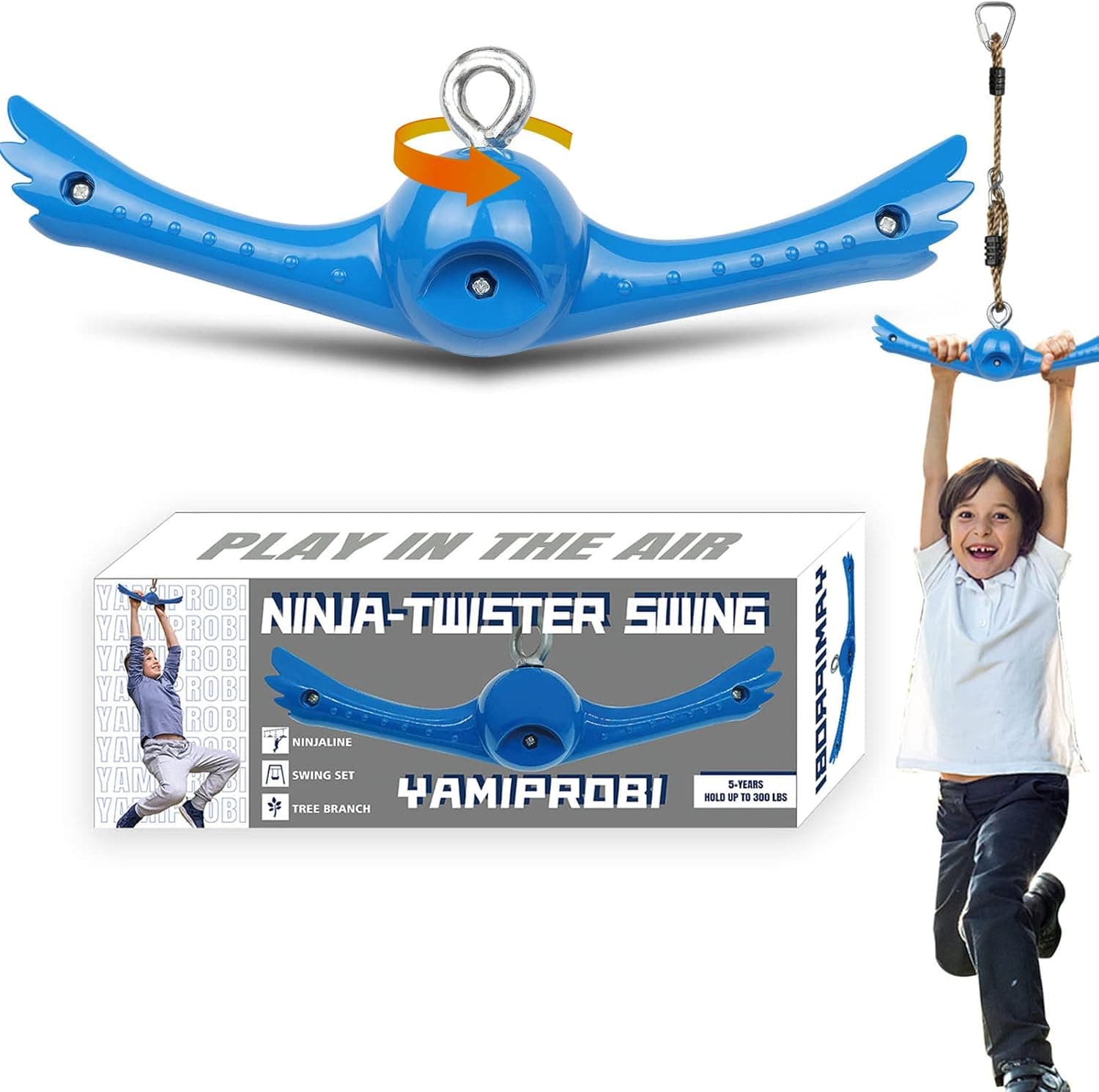 YAMIPROBI Ninja-Twister Swing Spins Set: Accesorios Slackline - Mango de 360° Twist-Spin Flips Juguete Activar Ninja Powers Warrior Accesorios Niños Colgar Juguetes para patio trasero Azul