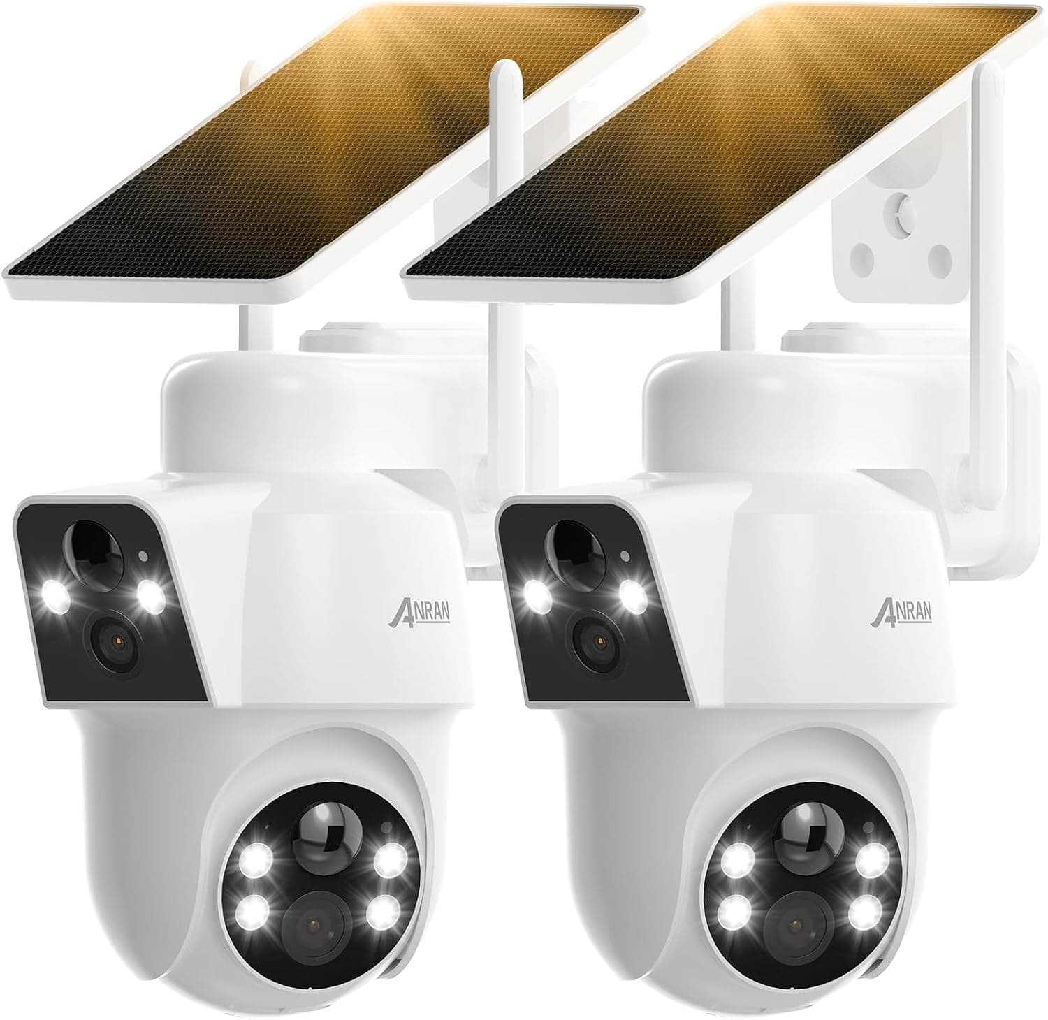 ANRAN Paquete de 2 cámaras de seguridad solares de doble lente inalámbricas para exteriores - Gran angular fijo de 3 MP + vista PTZ de 360°, cámara de seguridad para el hogar con visión nocturna en color, conversación bidireccional, detección de movimiento PIR, 100% sin cables