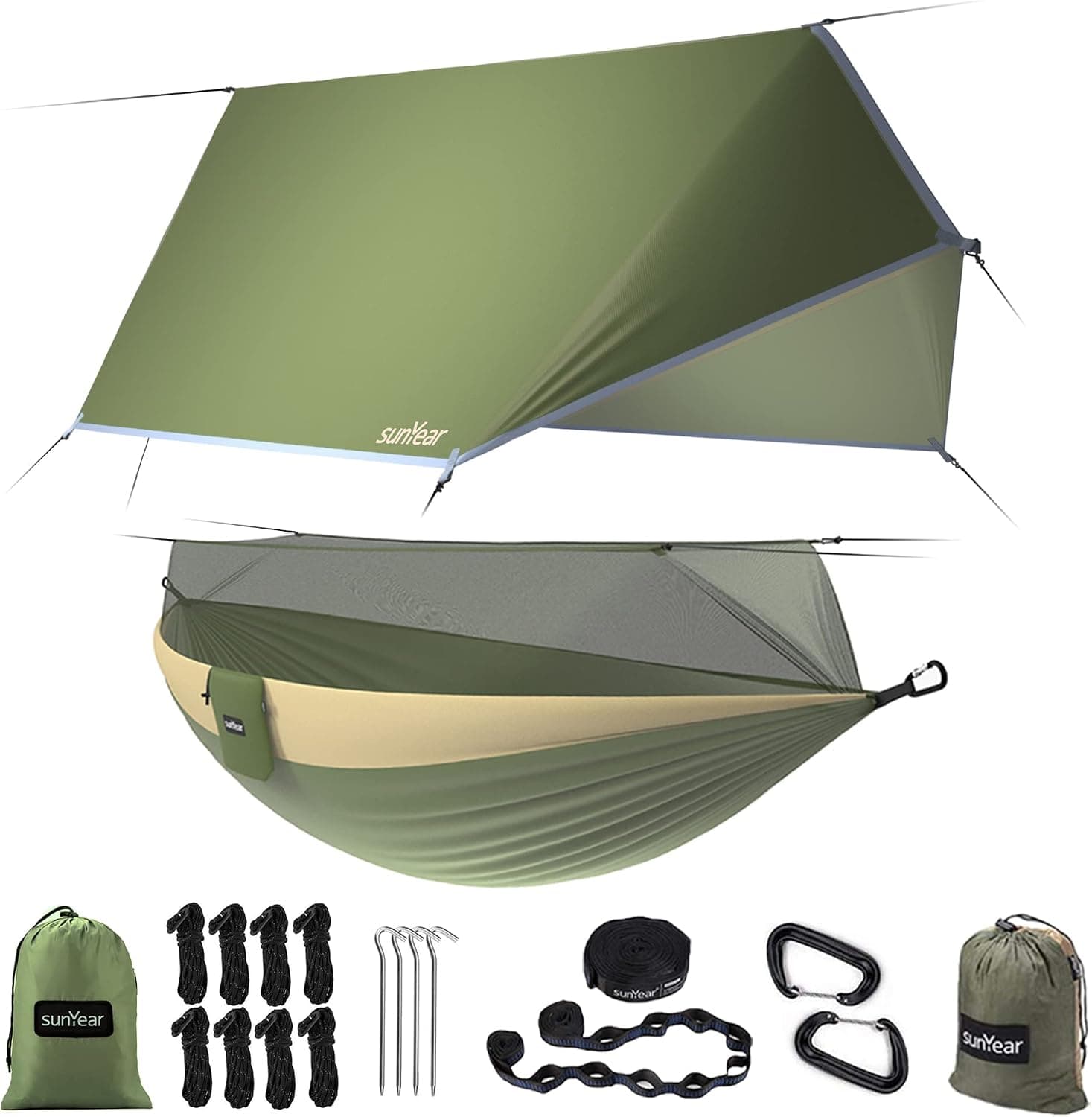 Sunyear Hamaca para Acampar, Hamaca portátil Individual y Doble con Red, Tienda de campaña para 2 Personas con Correas de 2 * 10 pies, lo Mejor para Senderismo al Aire Libre, Viajes de Supervivencia