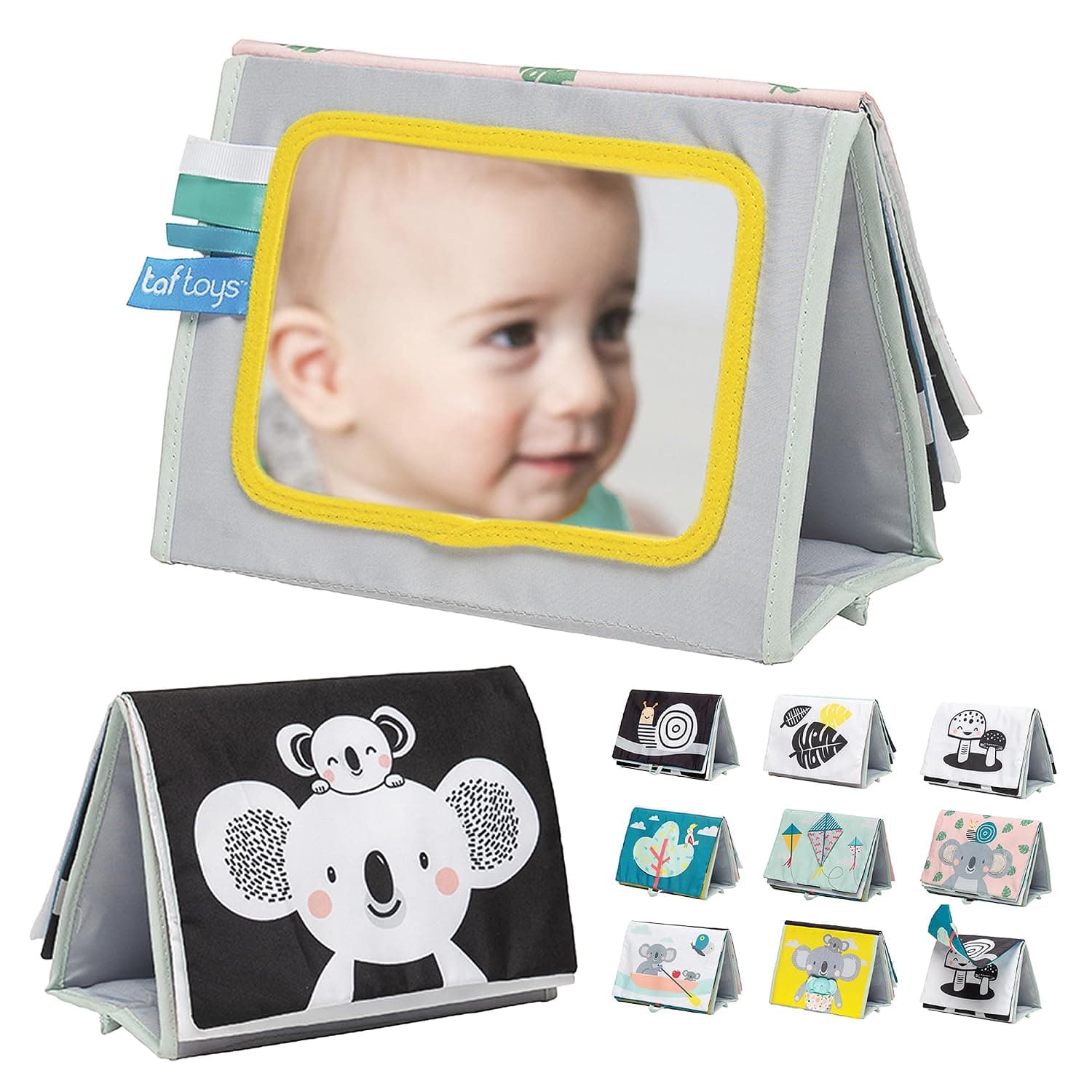 Taf Toys Tummy Time Baby Mirror Libro suave para bebé con espejo y mordedor - Juguetes para el tiempo boca abajo 0-6 meses - Juguetes para recién nacidos de alto contraste - Ideal para juegos sensoriales - Regalo perfecto para niños y niñas de 0-3 años